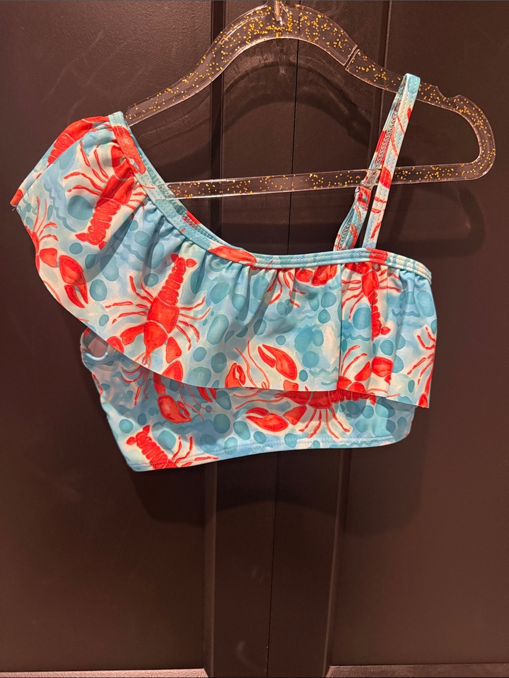Girls' One-Shoulder Ruffle Swim Top in Aqua with Red Lobster Print - TOP ONLY